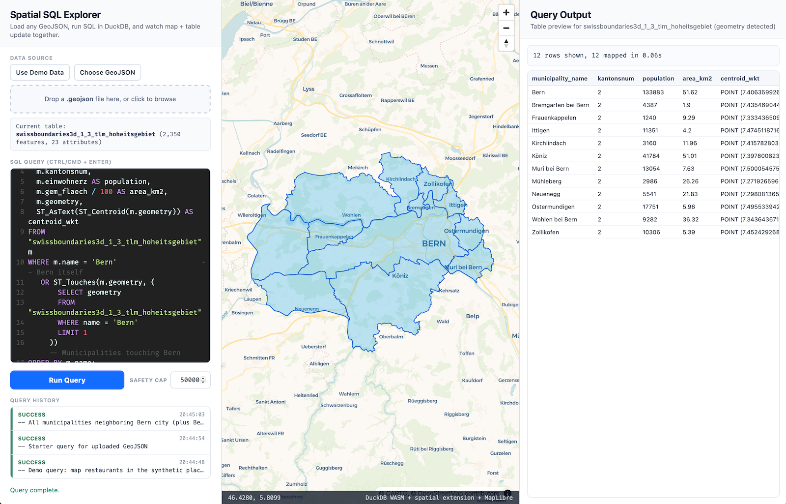 Spatial SQL Explorer: Test using Swiss municipality borders (Swisstopo) in GeoJSON format from Roman Karavia